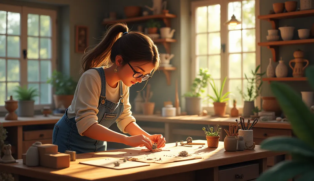 a cozy home studio filled with natural light, where an artisan is carefully packaging a handcrafted piece of jewelry. the image ...