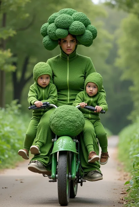 is image ke liye ek prompt ho sakta hai:

"a woman dressed in a green vegetable-inspired costume, resembling textured broccoli, ...