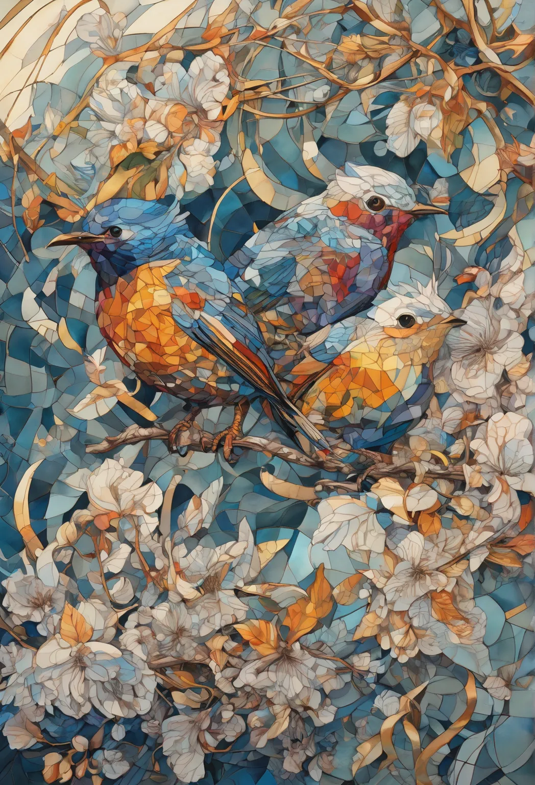 birds in perfect geometric harmony ,  intricate and ultra-detailed , emily kell, lost draw, , song choi,  fluid ink and oil spla...