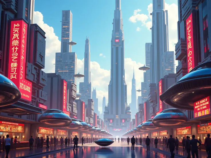 a picturesque retrofuturistic city that seamlessly blends 1950s style with cyberpunk technology