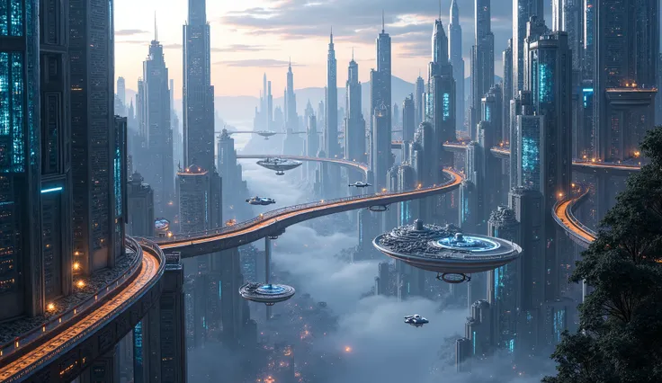 "a breathtaking aerial view of a sprawling cityscape 500 years into the future. sleek, glowing flying cars zip through transpare...