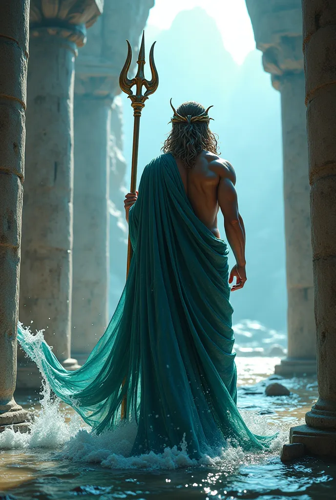 a majestic sea god, poseidon with a trident, standing powerfully in flowing oceanic robes, gazing intently at medusa, inside a s...