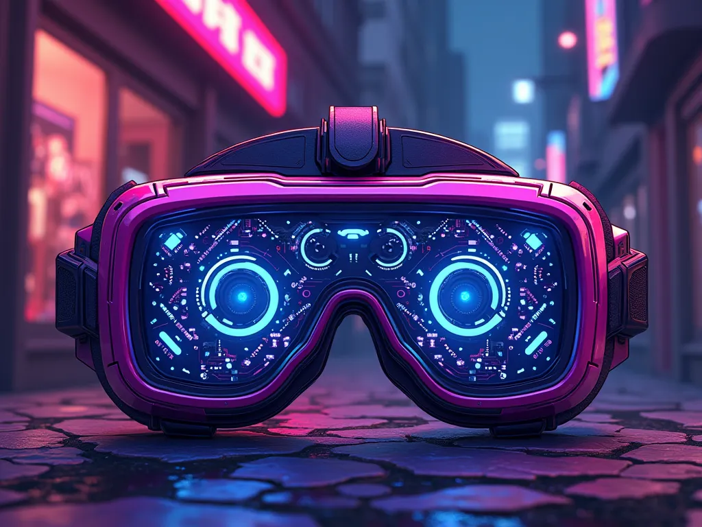 futuristic cyberpunk vr glasses, purple and blue glowing color, comic style and illustration style