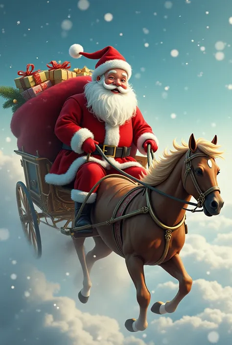 a cute santa with a red gift bag, red clothes, and a hat with a white beard is coming from the sky in a horse-drawn carriage.