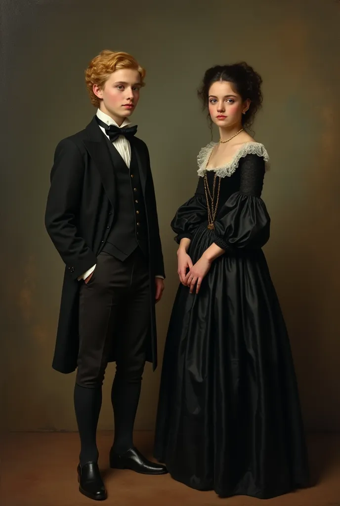 victorian painting, a young man with blone hair and a young lady with black hair. both in black dress. no back ground. painting ...