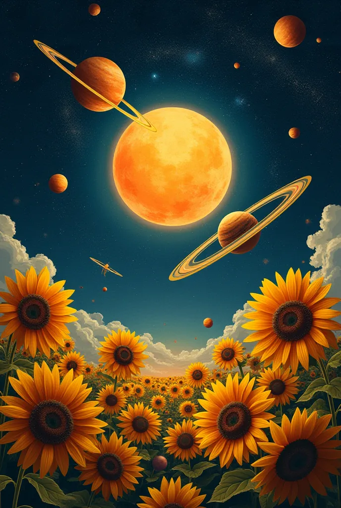 create a picture ,  where the planets will be in the form of sunflowers .  there will be several in space among other stars and ...