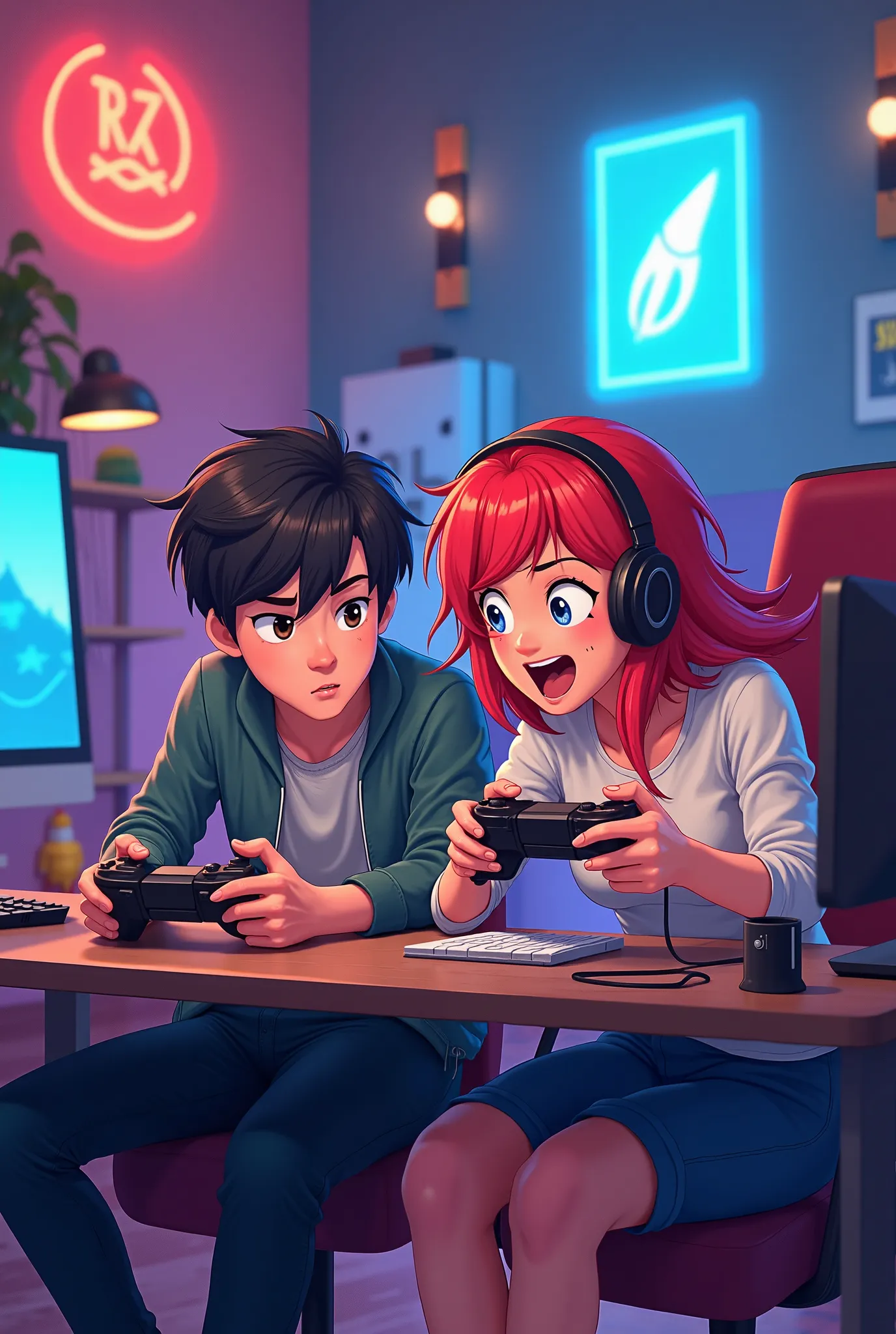 a man with black hair and girl with red hair, gamers cartoon