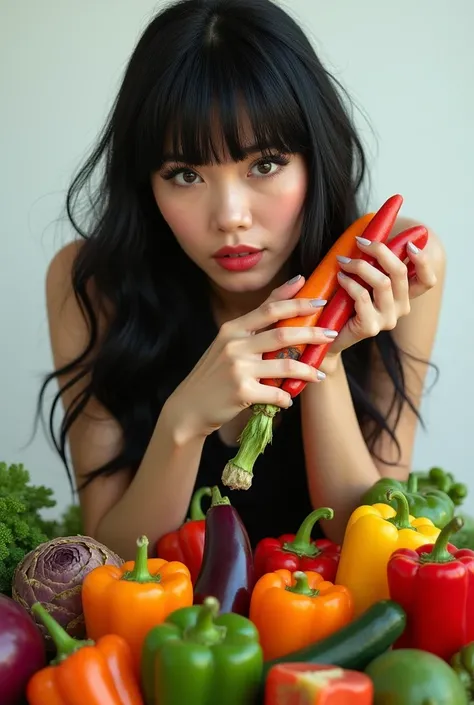 create the image of a black-haired woman with straight lingerie bangs in different positions holding different types of vegetabl...