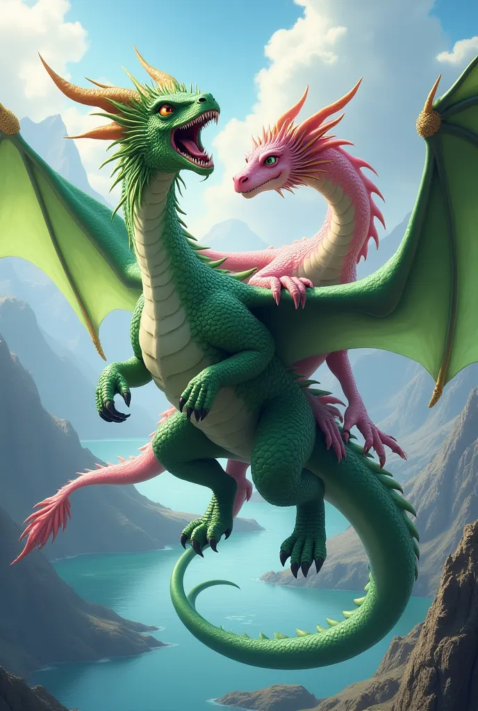 show me two dragons, one green one pink