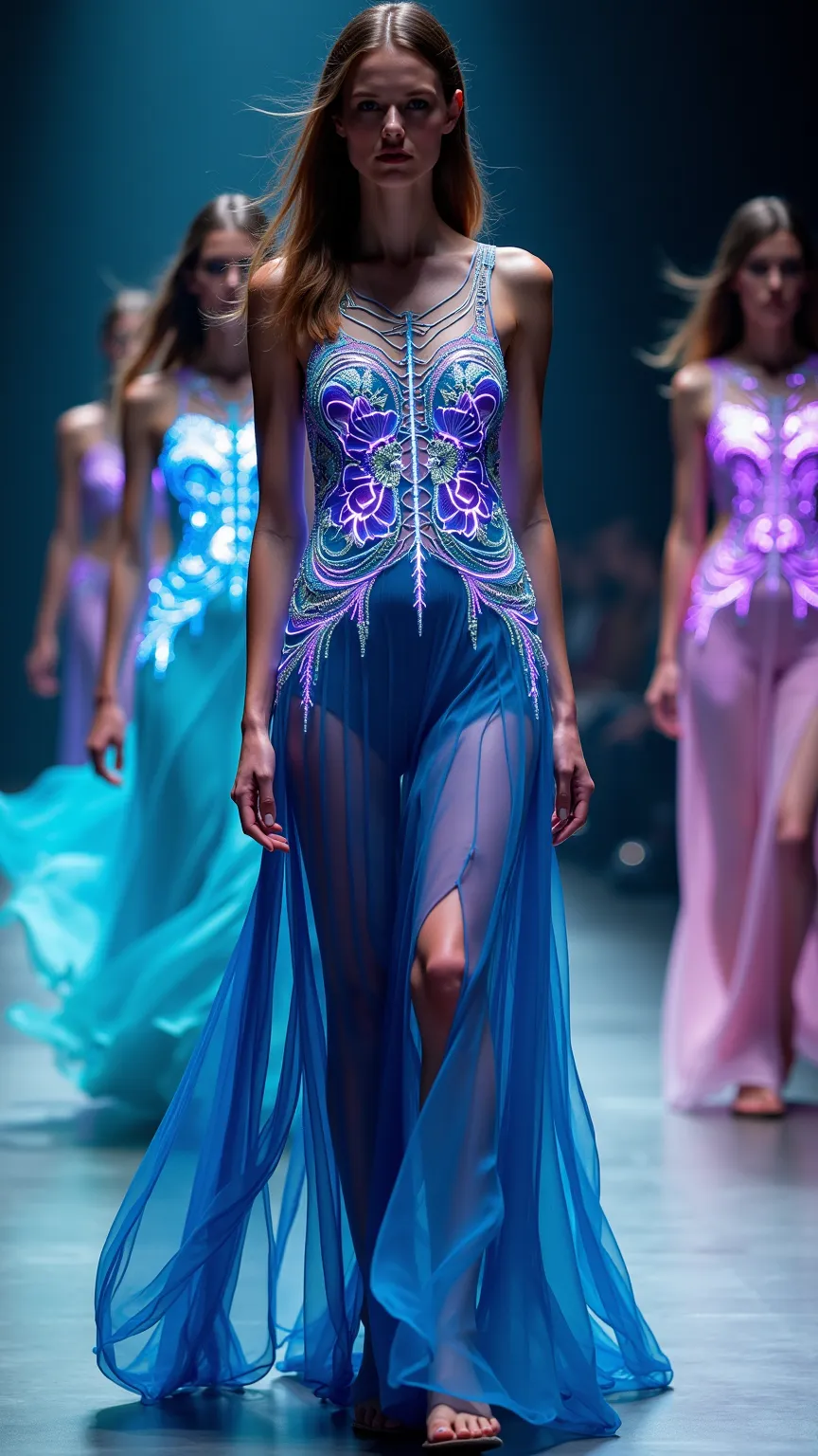 "dresses with futuristic designs, flowing silhouettes, unique materials (e.g., using glowing threads), vibrant colors (e.g., gra...