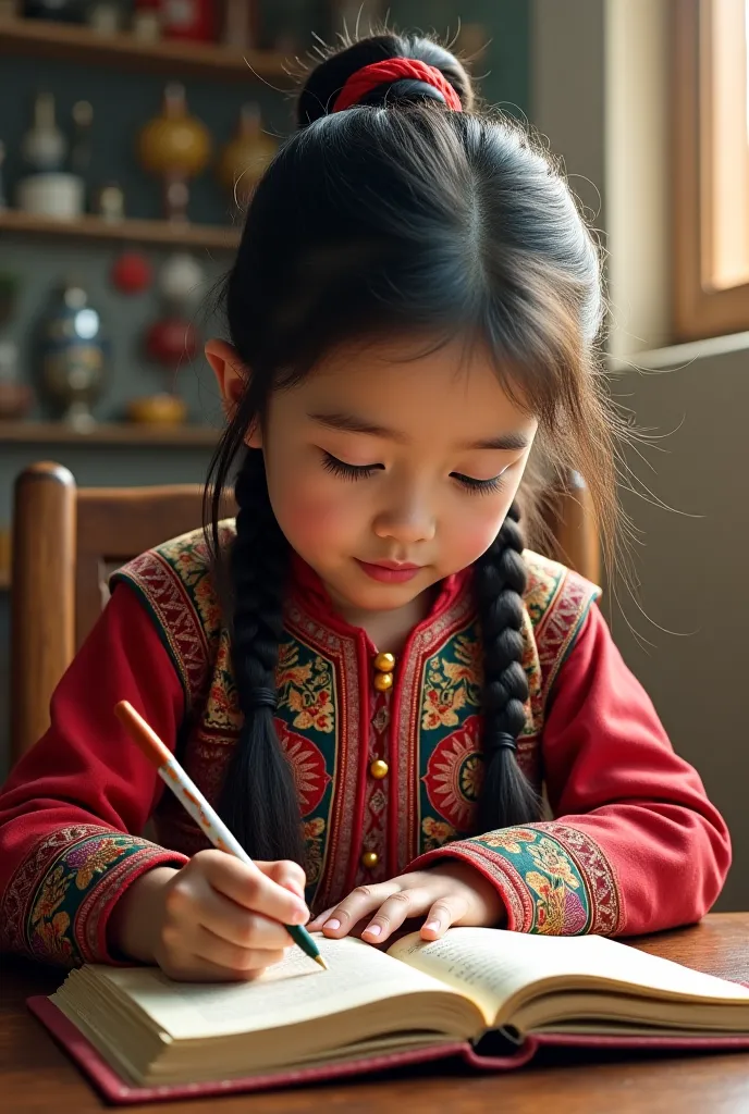 a  girl who writes notes in a notebook in kazakh