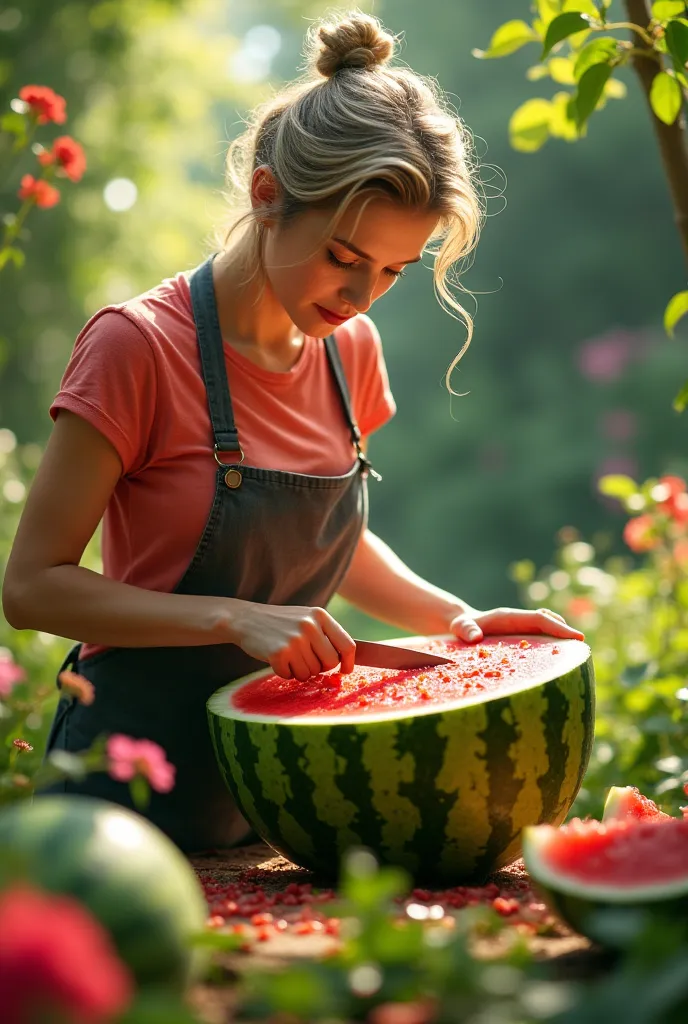 cutting watermelon in garden