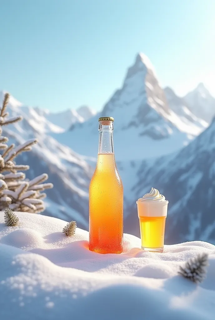 a bottle of spritz in the middle of the mountain with the snow and a cup of yellow drink with whipped cream