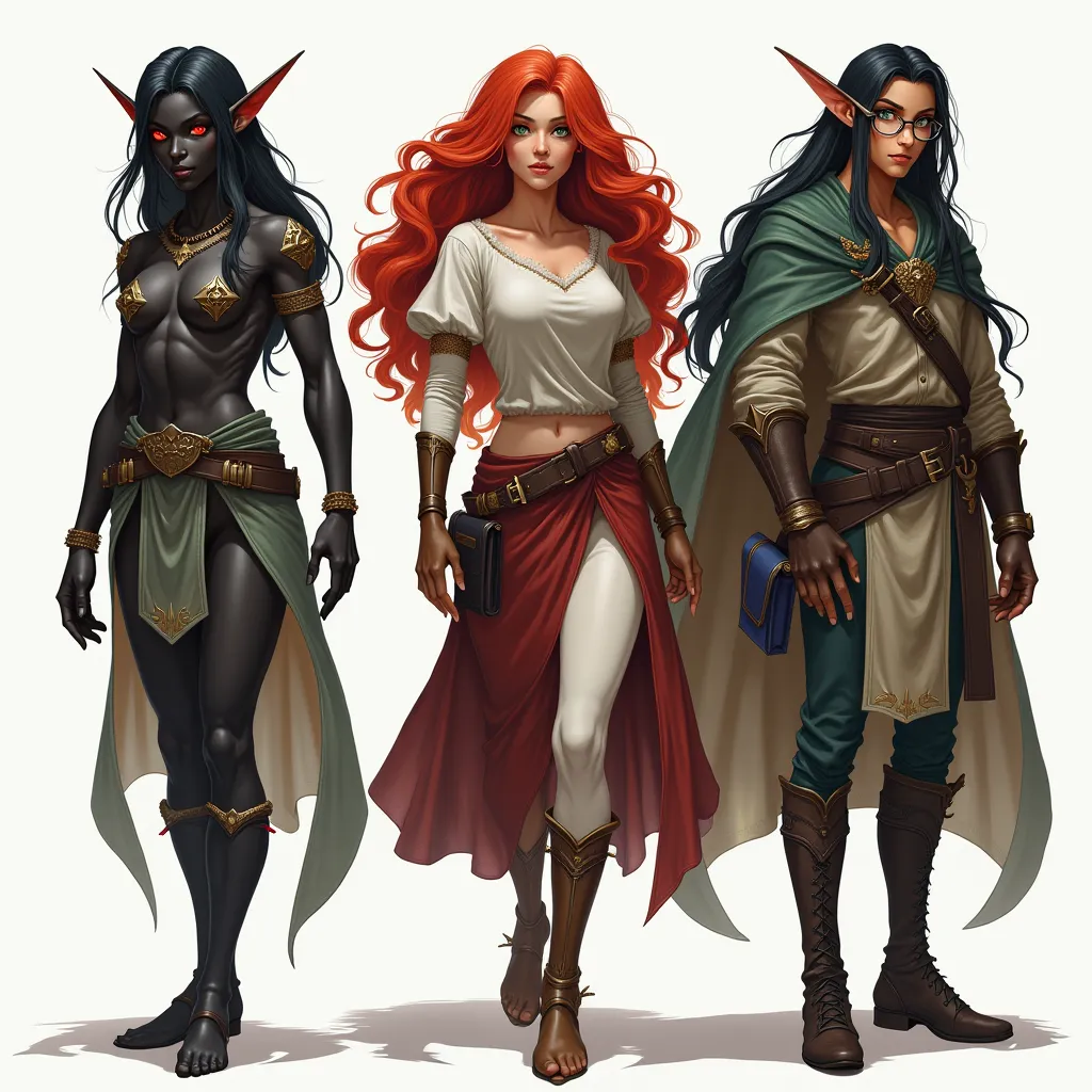 make three rpg-style characters, the first is a black elf ,  the second is a red-haired human with glasses ,  and the third is a...