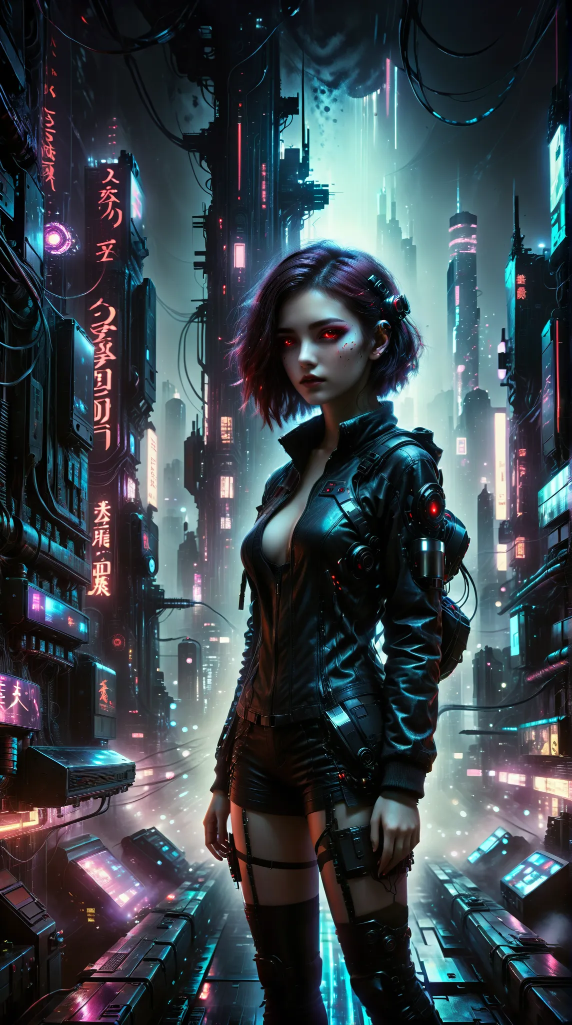 in a dense cyberpunk cityscape ， a girl with an electronic enhancement device confidently poses 。 her red eyes penetrate the dar...