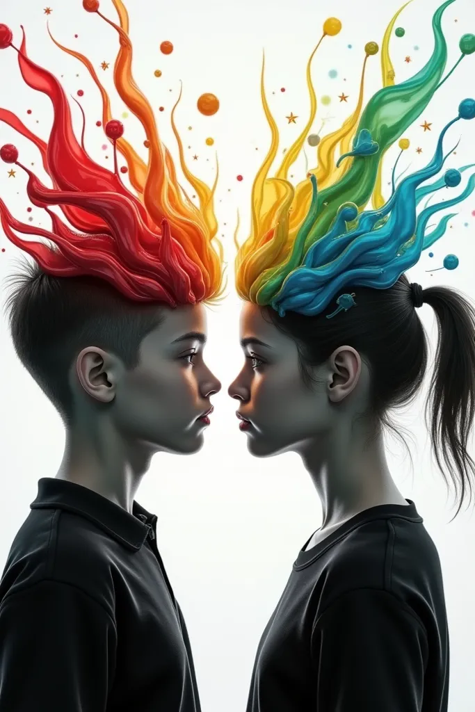 profile portrait of a teenage boy and girl in black and white ,  with colorful illustrations superimposed on his head .  very go...