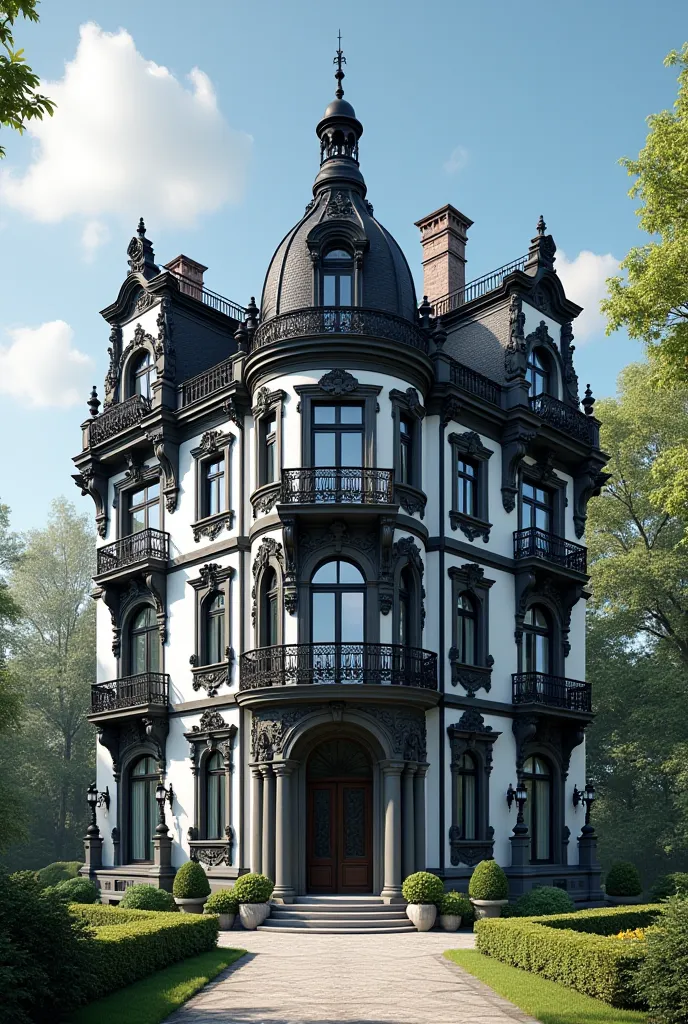 create a building with rococo , with lots of black ornaments and white color.