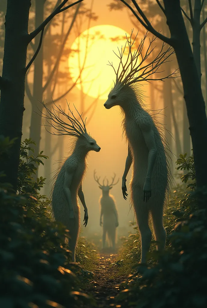 illusion, mystery, forest, sunset, animals