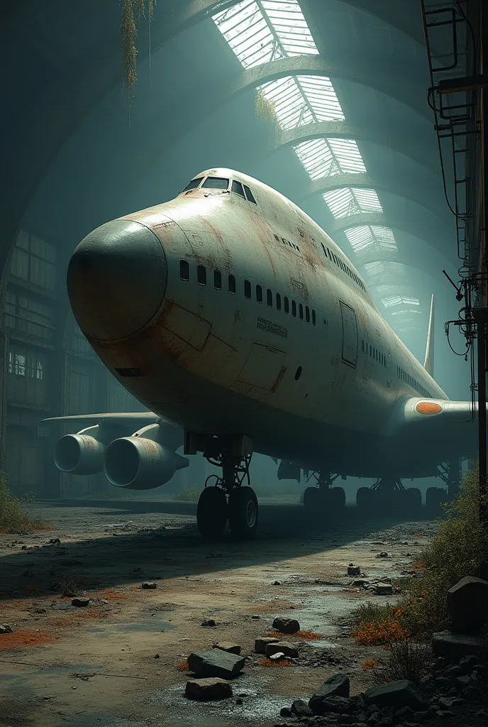 i want a gloomy wallpaper with a boeing 747 left to rot in the hangar at the airport after the zombie apocalypse with a resoluti...