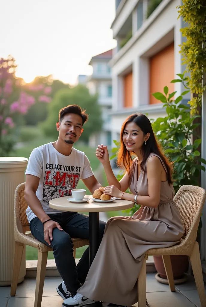 photo of a man and a woman sitting on chairs on the balcony, on the table there are two cups of coffee, a flower pot and white b...