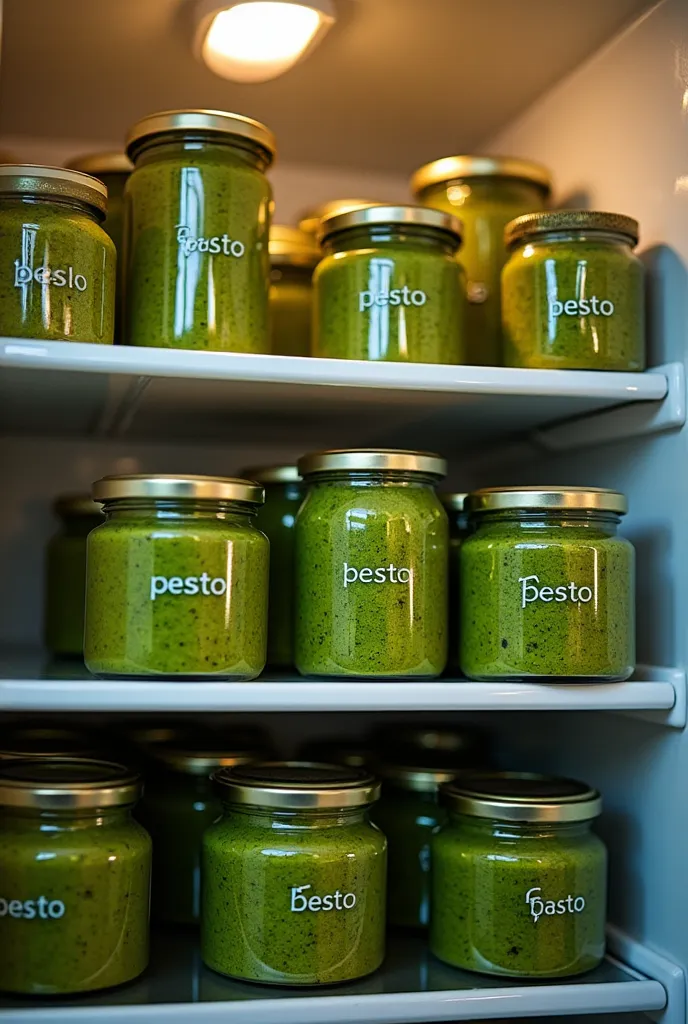 close-up photo of a refrigerator full of pesto cans and the jars say “pesto”