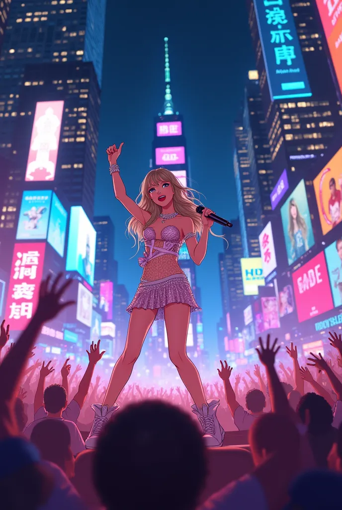 a lively anime-style concert set in new york city, featuring a taylor swift-inspired character as the star performer. the backdr...