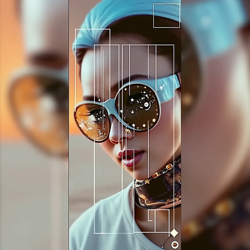 the model is wearing glass sunglasses with stars and the moon on the glass