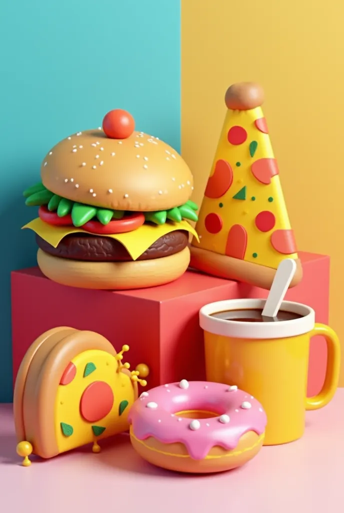 design a set of low-poly food items, such as a burger, a pizza slice, a donut, and a cup of coffee, with bold and playful colors