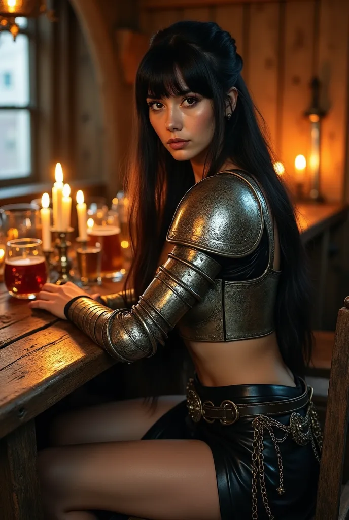 a cinematic fantasy setting featuring a confident female warrior seated at a rustic wooden table in a medieval tavern. the woman...