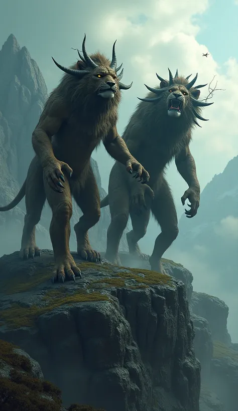 lion and tiger side by side with a demonic appearance with horns
monstrous on a mountain