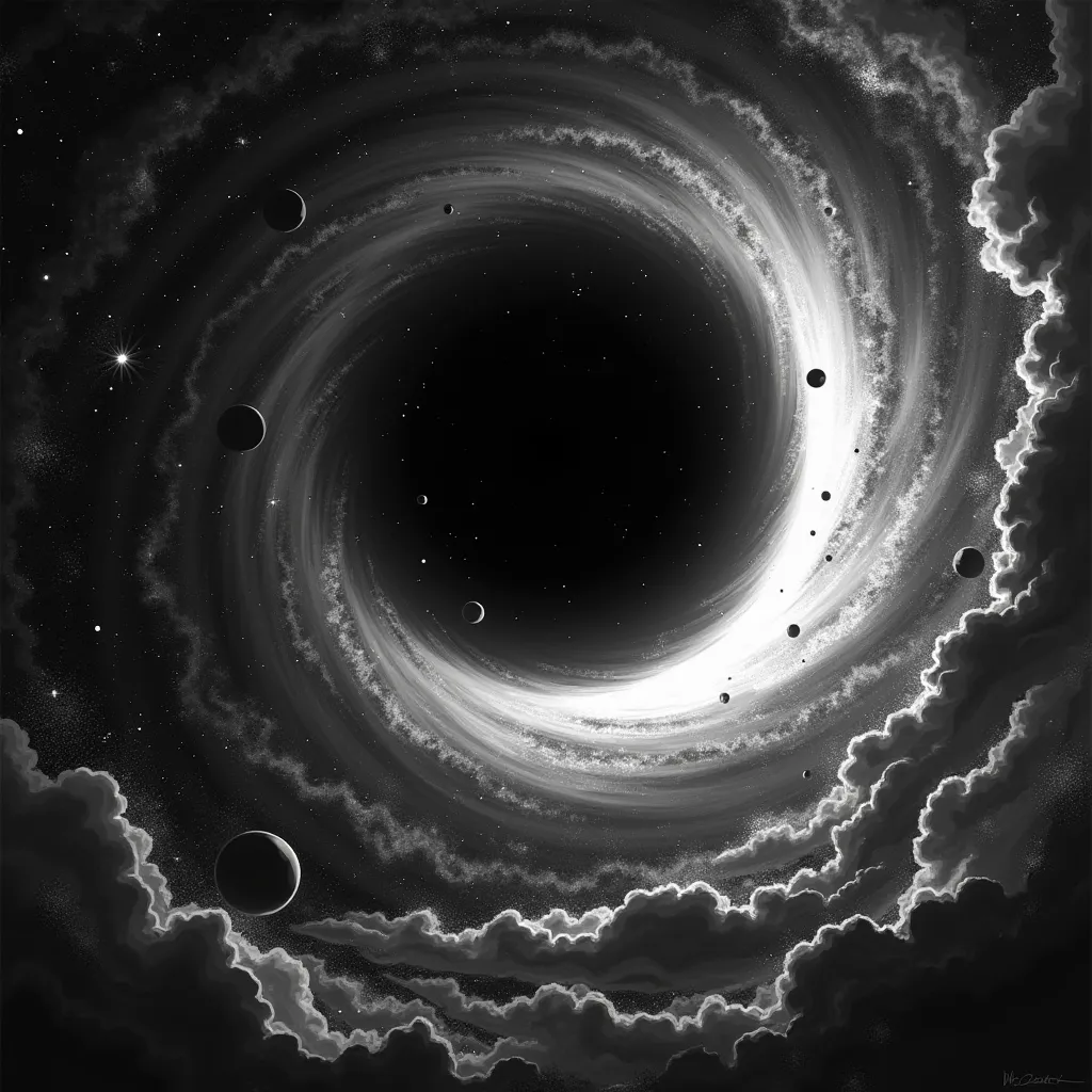 black and white picture of a black hole in the middle with galaxies around it  anime style