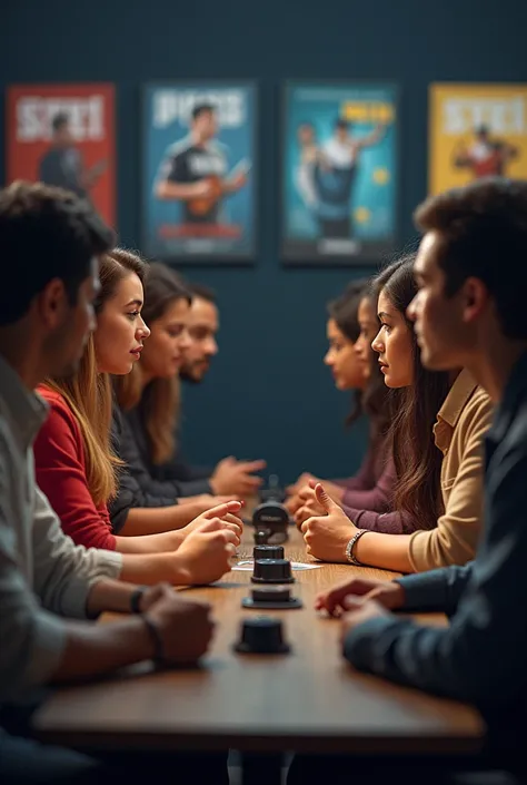 une photo réaliste, two teams with 5people  in single file with a buzzer and in the background, cinq affiches de films