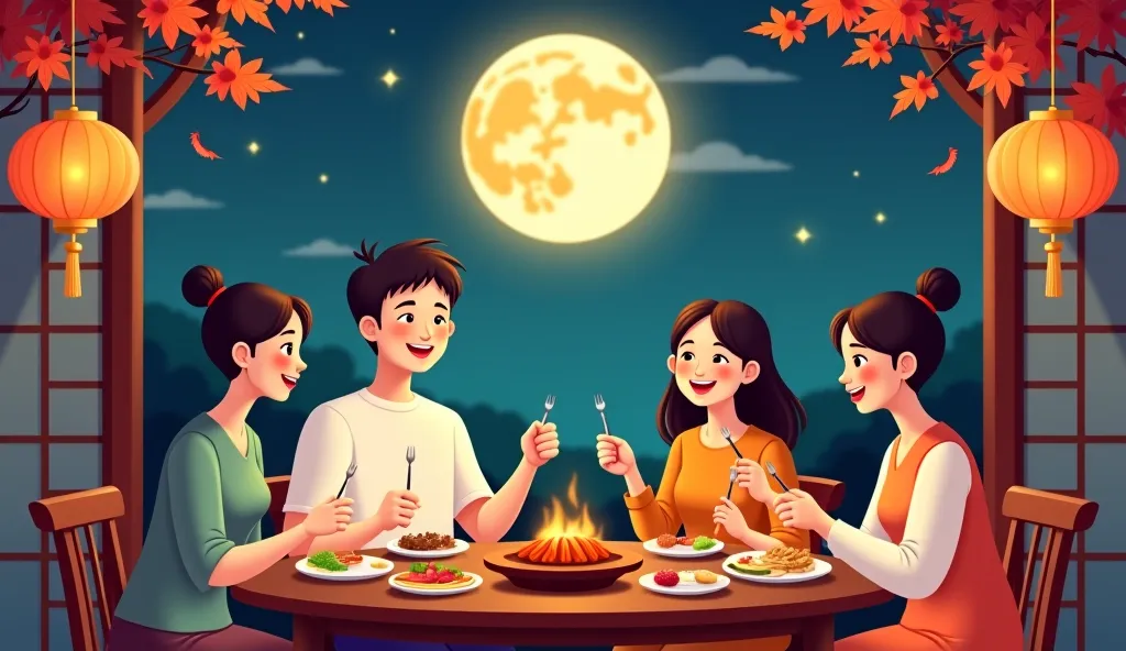 depicts a family sitting in front of a round table ，shared dinner ， the background is the moon hanging high in the night sky at ...