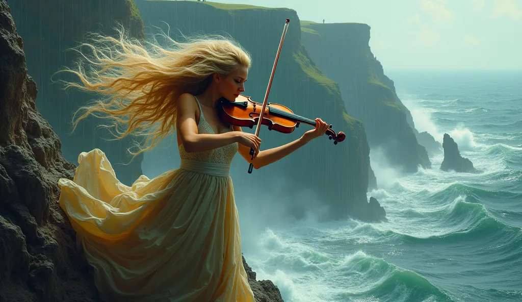 woman with impeccable features, long blond hair swirls in the wind, fervently engages with a violin atop a jagged cliff, wild se...