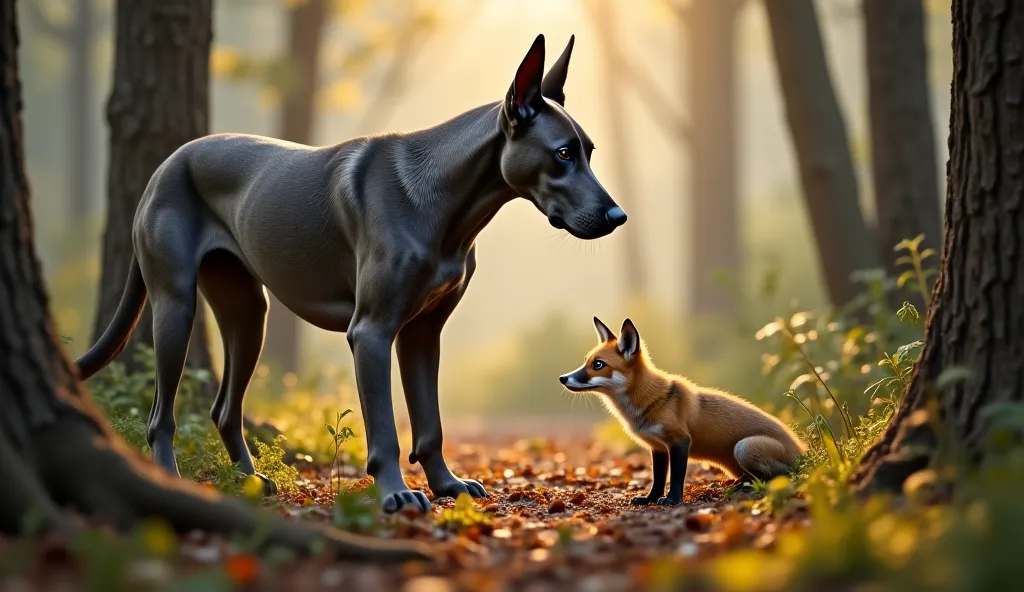 an ultra realistic scene of a great dane with a uniform gray coat, encountering a small fox that is trapped in a forest. the amb...