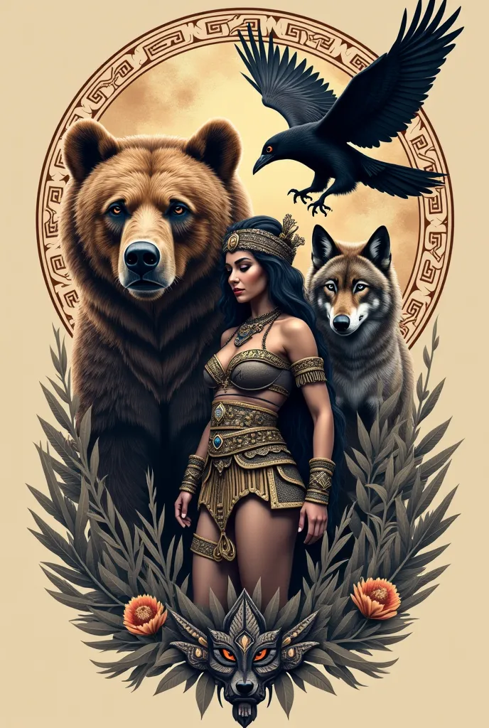 create an arm tattoo with a grizzly bear,an aztec queen ,  a wolf and a raven