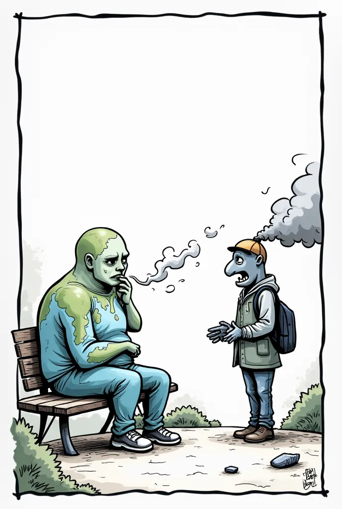 panel 1: earth feeling sick**
(*earth is sitting on a bench, looking pale and coughing. polluto stands nearby, throwing trash an...