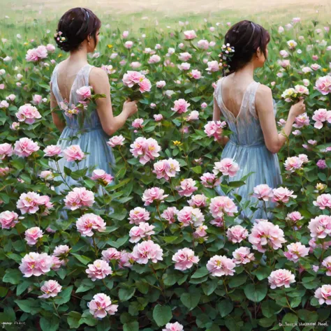 one girl beautiful facing back holding flowers