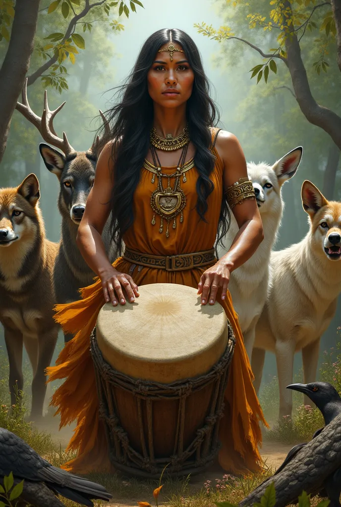 native woman playing a drum standing with animals behind her