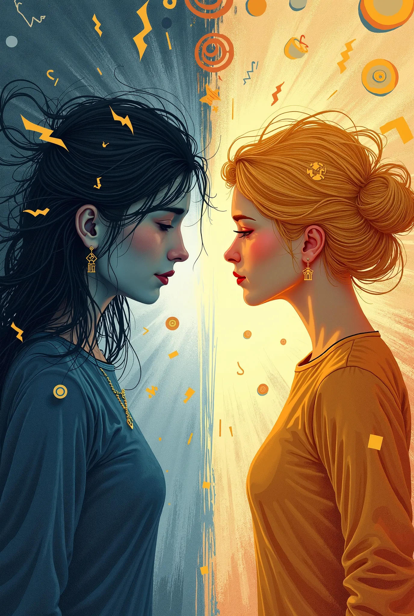 an emotional illustration depicting the duality between anxiety and self-confidence. on the left, a woman representing anxiety, ...