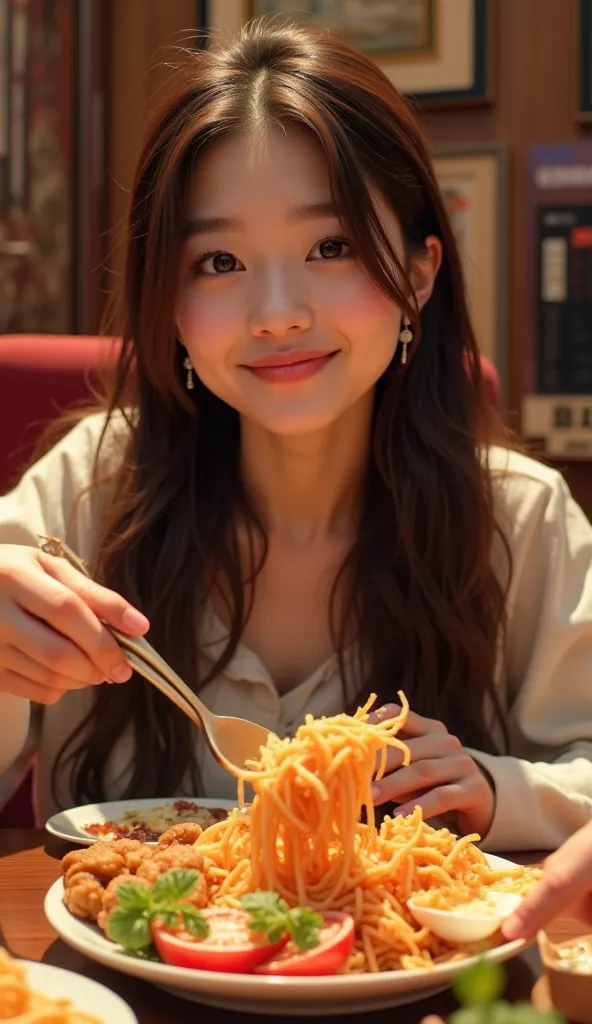 best quality, masterpiece, brown hair, smile, closed mouth, earrings, masterpiece, accurate, long hair, full body, doing mukbang...