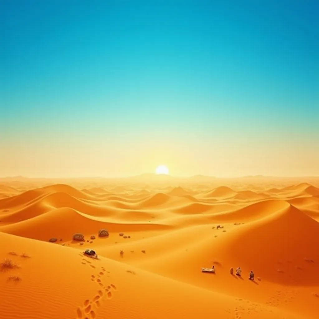 a breathtaking scene of an expansive desert with golden sand dunes rolling into the horizon. the landscape is calm and timeless,...