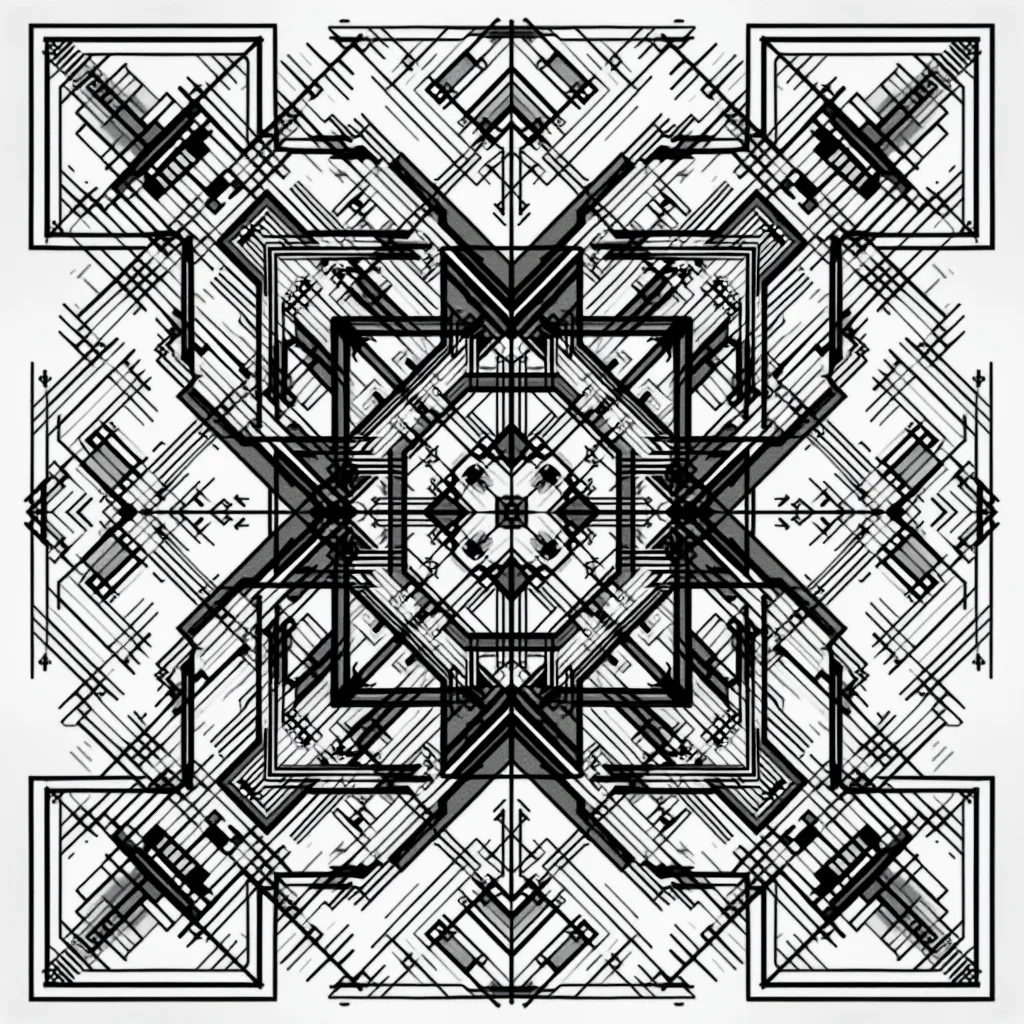 a geometric pattern created by combining very complex achromatic rectangles