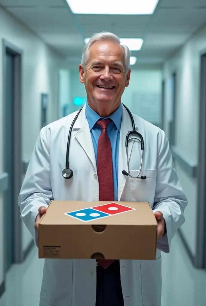 medical doctor holding a domino's