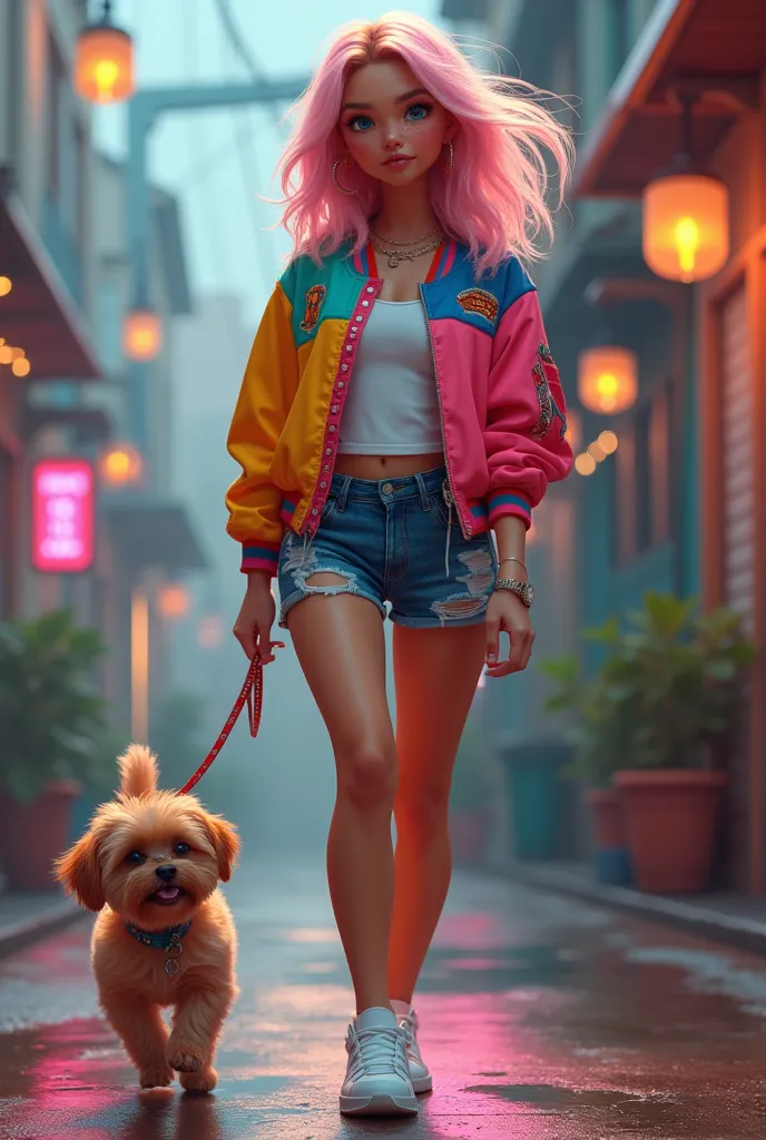 a young latin model with a vibrant and casual look walks in a modern setting. she wears a colorful bomber jacket, distressed den...