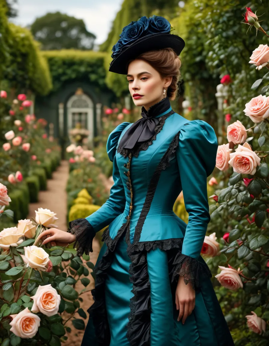 (( woman portrait)), ( victorian fashion style), rose garden, classic, rotten row, english style, nobleman, elegantism,scene of ...