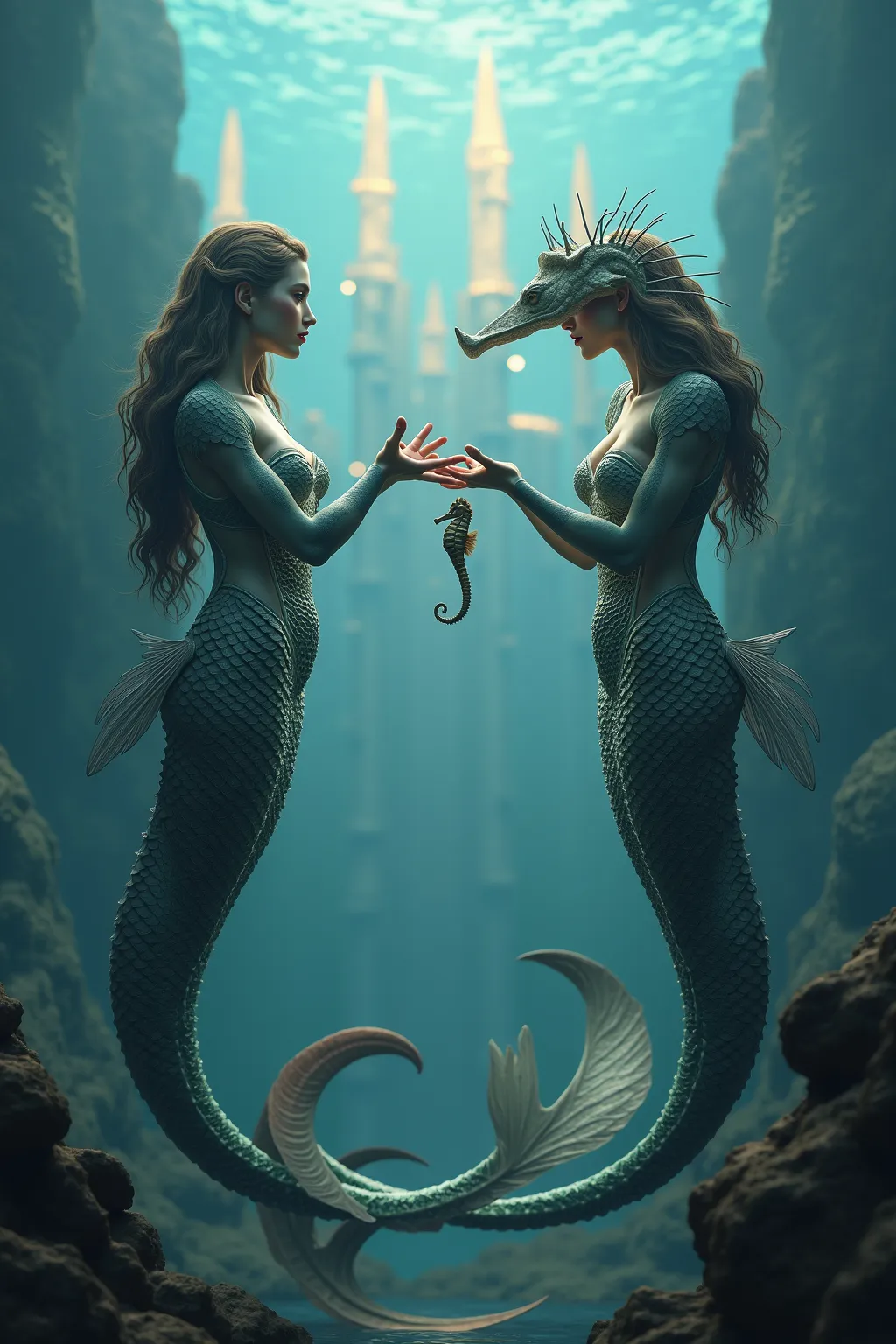 a mermaid reaches for a seahorse of equal scale and size, atlantis in the background behind them glows, symmetrical, 3d render, ...