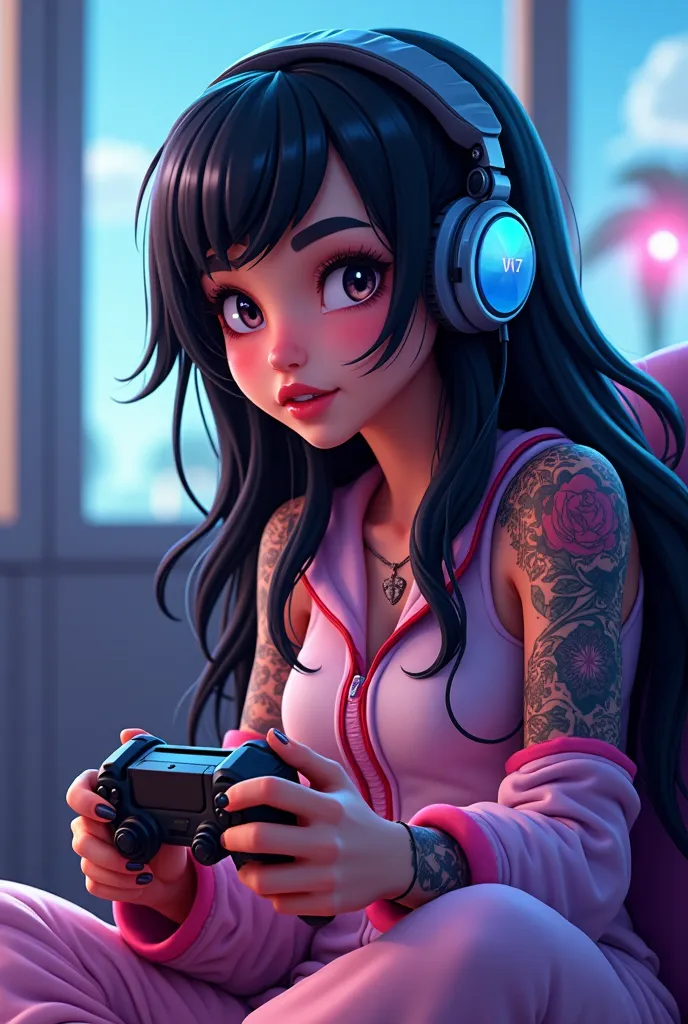 girl with long black hair , tattoos  , with pink gaming head phone on , playing fortnite with a ps4 controller , wearing comfort...