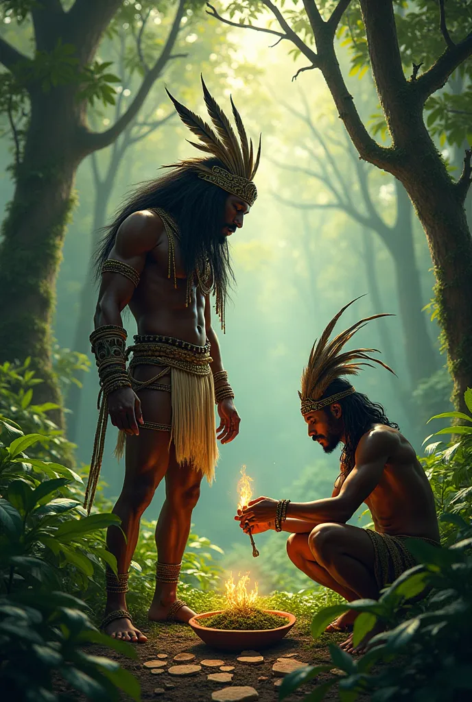 create an image of oxossi and the indigenous jurema shooting in the woods