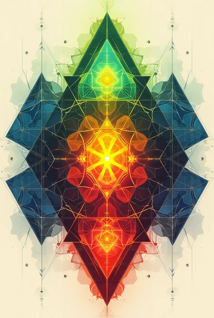 " vibrant and intricate geometric artwork featuring shapes that intertwined like a triangle surrounded by green energy, lingkara...